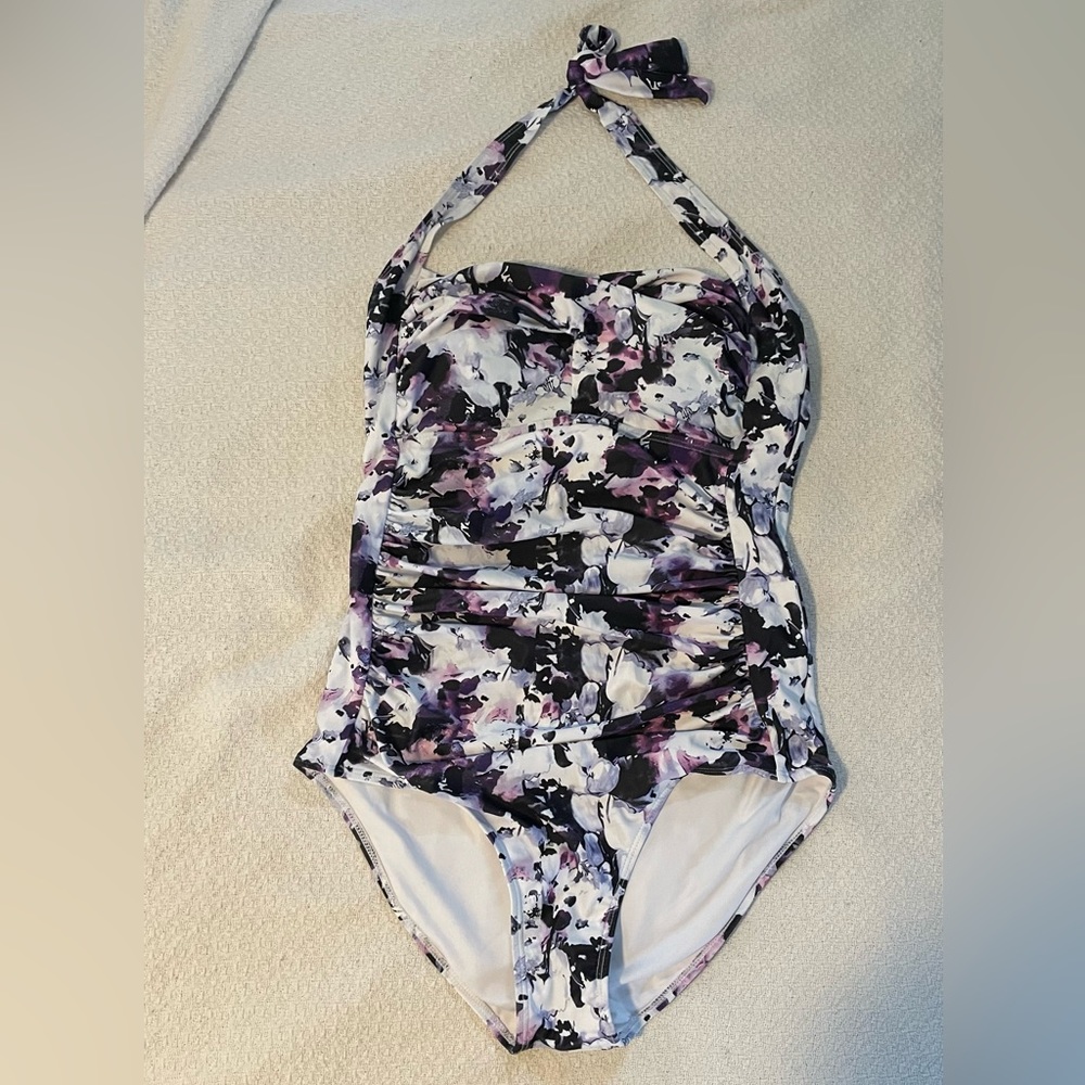 Halter swim suit. Size Large. Purple flower print.
